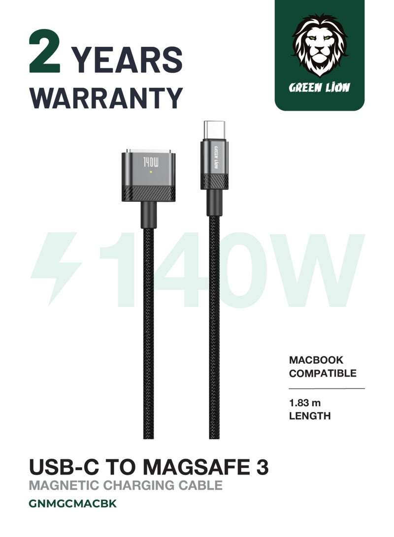 GREEN LION USB-C to MagSafe 3 Magnetic Charging Cable 140W Power 1.83m / PD 3.1 Fast Charging/Magnetic Adsorption/ MacBook Charger - Black - Image 1
