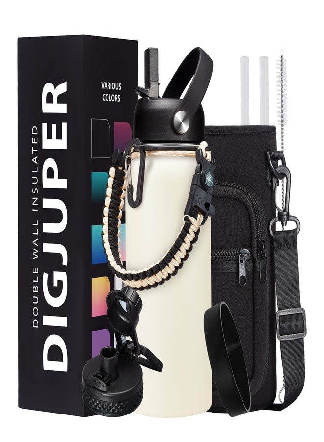 DIGJUPER زجاجة ماء معزولة - زجاجات ماء بسعات 32 و40 و64 أونصة مع أغطية مزودة بماصة وفوهة، وحقيبة حمل، ومقبض من حبل الباراكورد، وغطاء للزجاجة، زجاجة ماء قابلة لإعادة الاستخدام من الفولاذ المقاوم للصدأ، كوب معدني مناسب للعمل والرياضة - Image 1