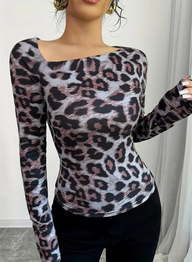 Take Two Animal Print Asymmetric Neck Fitted T-Shirt