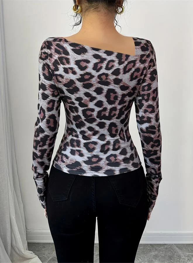 Take Two Animal Print Asymmetric Neck Fitted T-Shirt