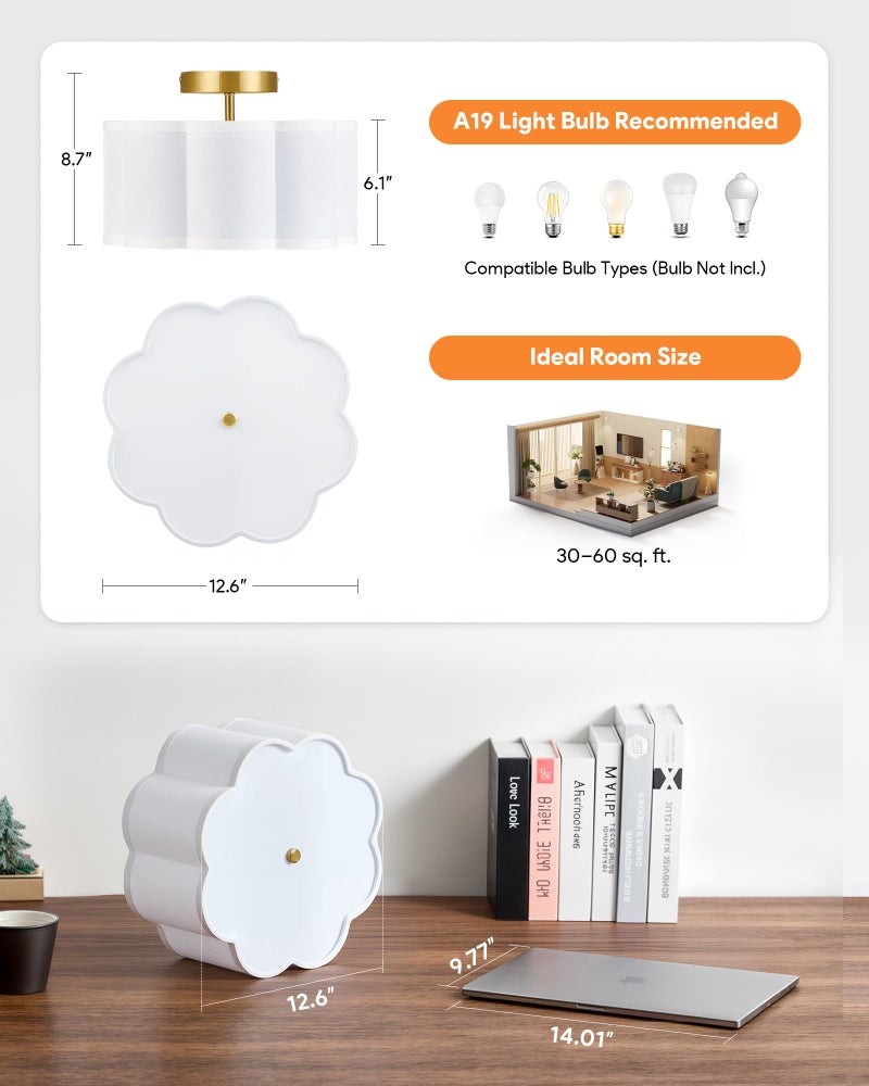 VONLUCE Semi Flush Mount Ceiling Light, 12.6" Ceiling Light Fixture with Flower-Shaped Fabric Shade, 3-Light Modern Light Fixture for Bedroom Living Room Nursery Hallway, White Shade & Gold Finish - Image 3