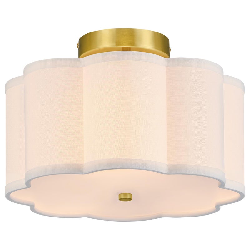 VONLUCE Semi Flush Mount Ceiling Light, 12.6" Ceiling Light Fixture with Flower-Shaped Fabric Shade, 3-Light Modern Light Fixture for Bedroom Living Room Nursery Hallway, White Shade & Gold Finish - Image 1