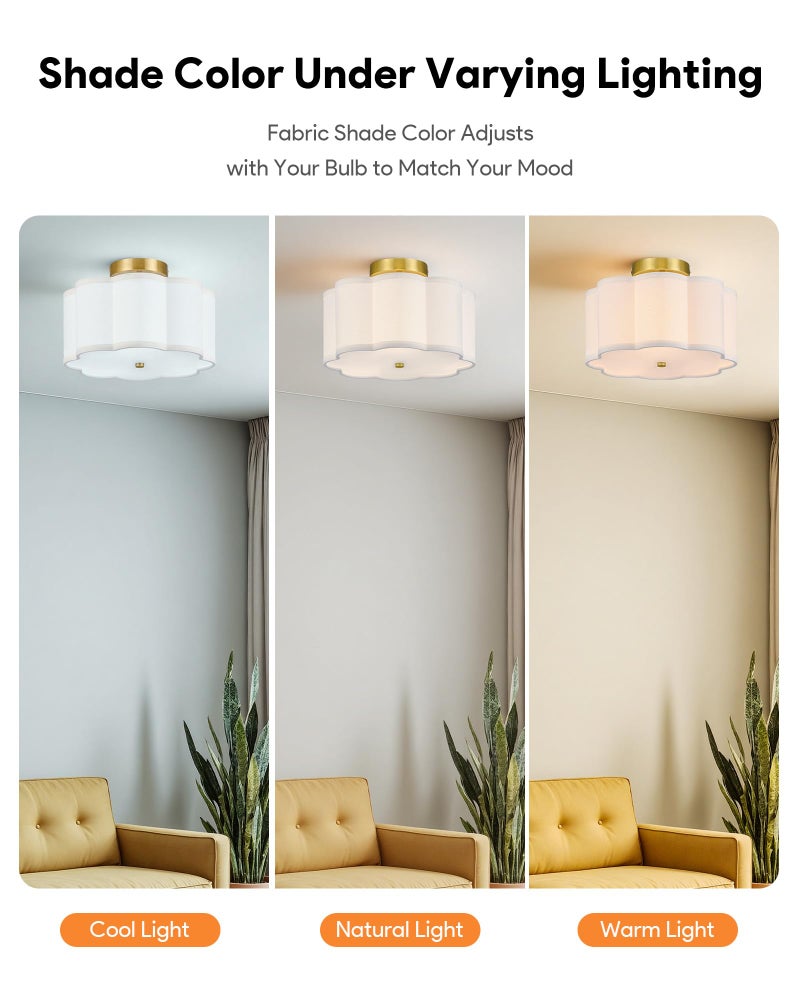 VONLUCE Semi Flush Mount Ceiling Light, 12.6" Ceiling Light Fixture with Flower-Shaped Fabric Shade, 3-Light Modern Light Fixture for Bedroom Living Room Nursery Hallway, White Shade & Gold Finish - Image 2