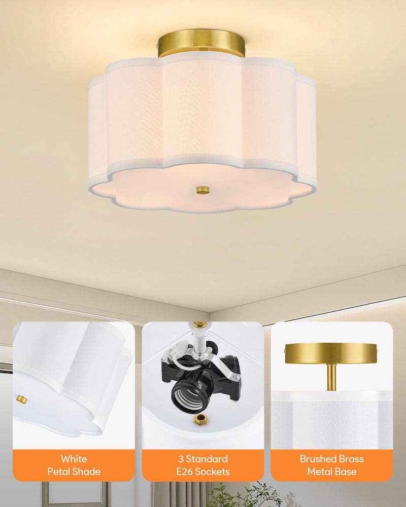 VONLUCE Semi Flush Mount Ceiling Light, 12.6" Ceiling Light Fixture with Flower-Shaped Fabric Shade, 3-Light Modern Light Fixture for Bedroom Living Room Nursery Hallway, White Shade & Gold Finish - Image 4