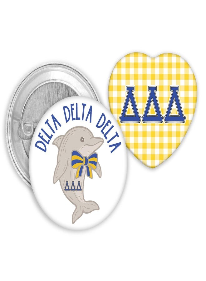SCRAPHEART Delta Delta Delta Button Set, Tri Delta Sorority Spirit Bundle with Dolphin Design & Yellow Gingham Heart Letters, 2-Piece Bid Day Gift for Big Little - Image 1