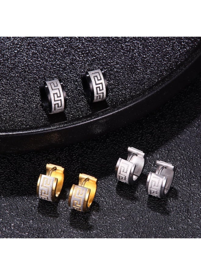 Earss Men’s Polished Black Stainless Steel Hoop Earrings – Glossy Black Greek Key Pattern | 14mm Huggie Hoops, Hypoallergenic, Non-Fade, Durable Stainless Steel - Image 5