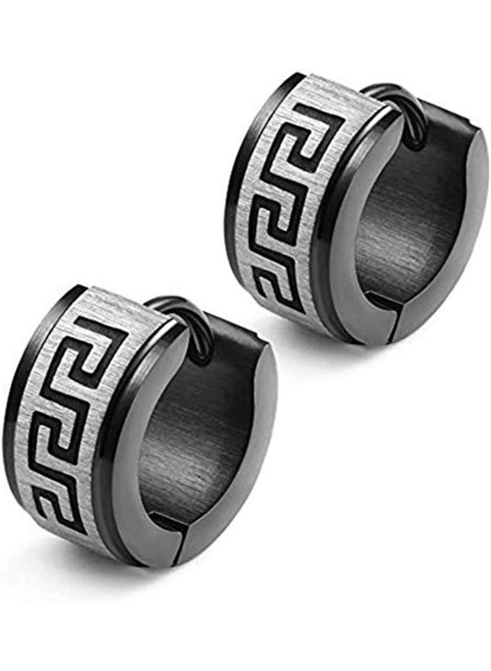 Earss Men’s Polished Black Stainless Steel Hoop Earrings – Glossy Black Greek Key Pattern | 14mm Huggie Hoops, Hypoallergenic, Non-Fade, Durable Stainless Steel - Image 2