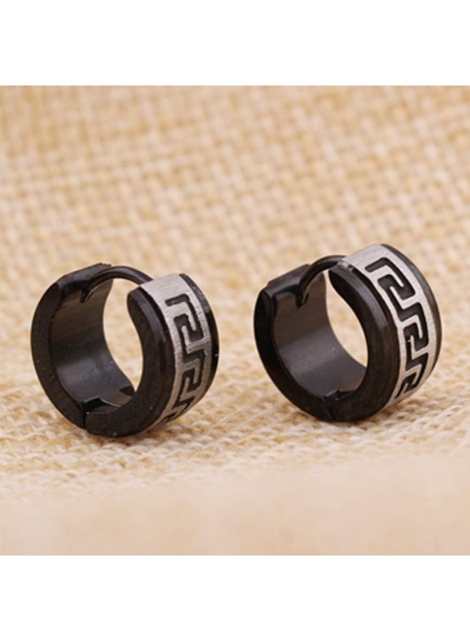 Earss Men’s Polished Black Stainless Steel Hoop Earrings – Glossy Black Greek Key Pattern | 14mm Huggie Hoops, Hypoallergenic, Non-Fade, Durable Stainless Steel - Image 1