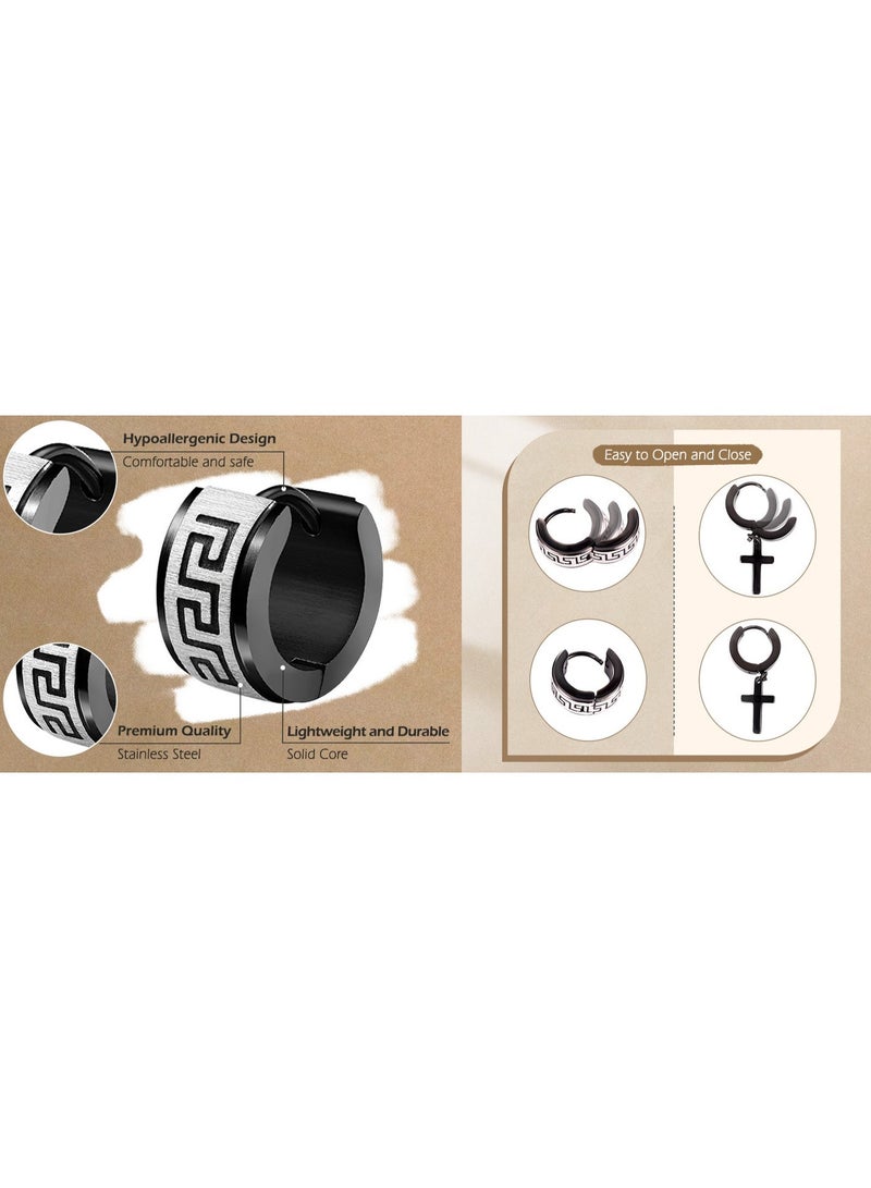 Earss Men’s Polished Black Stainless Steel Hoop Earrings – Glossy Black Greek Key Pattern | 14mm Huggie Hoops, Hypoallergenic, Non-Fade, Durable Stainless Steel - Image 3
