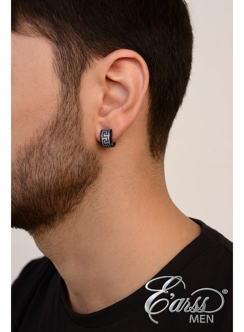 Earss Men’s Polished Black Stainless Steel Hoop Earrings – Glossy Black Greek Key Pattern | 14mm Huggie Hoops, Hypoallergenic, Non-Fade, Durable Stainless Steel - Image 4