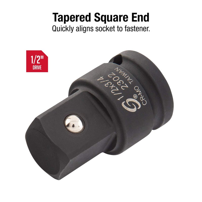 SUNEX TOOLS 2302, 1/2 Inch Drive, 1/2" Female x 3/4" Male Impact Adapter, Cr-Mo Steel, Ball Detent, Tapered Square End, Meets ANSI Standards - Image 2