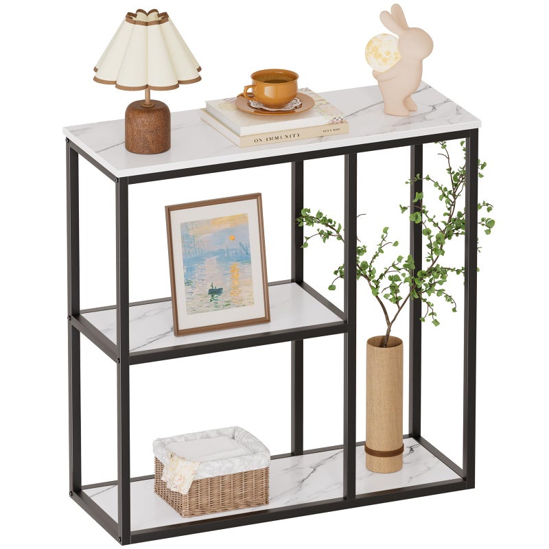 WOHOMO Console Table, 12 Inch Narrow Entryway Table for Living Room, 31.5 Inch Modern Industrial Sofa Table with 3-Tier Storage Shelves for Corridor, Hallway, White Marble - Image 1
