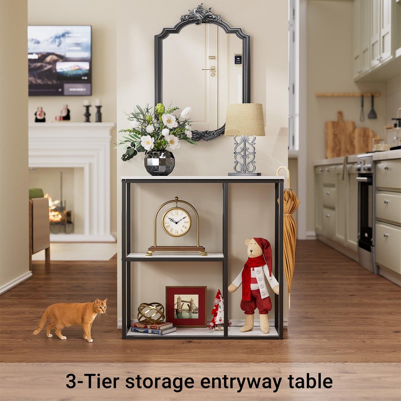 WOHOMO Console Table, 12 Inch Narrow Entryway Table for Living Room, 31.5 Inch Modern Industrial Sofa Table with 3-Tier Storage Shelves for Corridor, Hallway, White Marble - Image 3