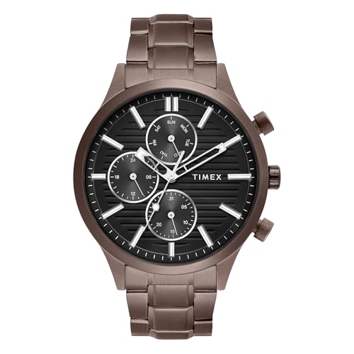 TIMEX ساعة تيمكس التناظرية للرجال مع قرص أسود دائري وسوار من الفولاذ المقاوم للصدأ باللون البني مقاومة للماء - TW000T322 - Image 1
