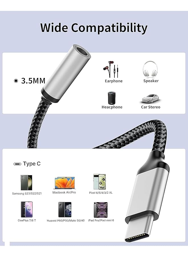 erorex Usb C To 3.5Mm Audio Headphone Jack Adapter Usb Type C Male To 3.5Mm Digital Audio Adapter Cable Hifi Dac Braided Cable Cord For Samsung Galaxy S22 S21 Iphone 15 14 13 Ipad Macbook Pixel 5 6 - Image 5