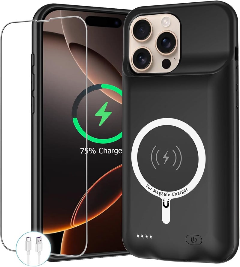 MAXBEAR Battery Case for iPhone 16 Pro Max, 12000mAh Protective Charging Case with Wireless Charging Compatible with iPhone 16 Pro Max (6.9 inch) Rechargeable Battery Pack Charger Cover with Carplay (Black) - Image 1