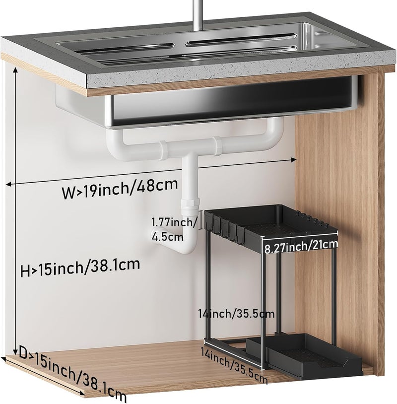 Zollyss Under Sink Storage Organizer | 2-Tier Pull-Out Storage Rack | 35.5cm x 21cm | Bathroom Organizer | Expandable Rack with Hook | Keeps Utilities Easy to Access | Black - Image 3