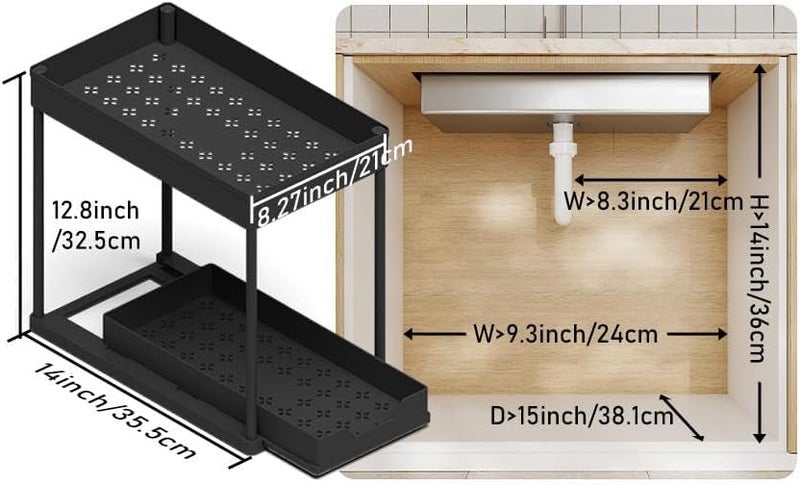Zollyss Under Sink Storage Organizer | 2-Tier Pull-Out Storage Rack | 35.5cm x 21cm | Bathroom Organizer | Expandable Rack with Hook | Keeps Utilities Easy to Access | Black - Image 4