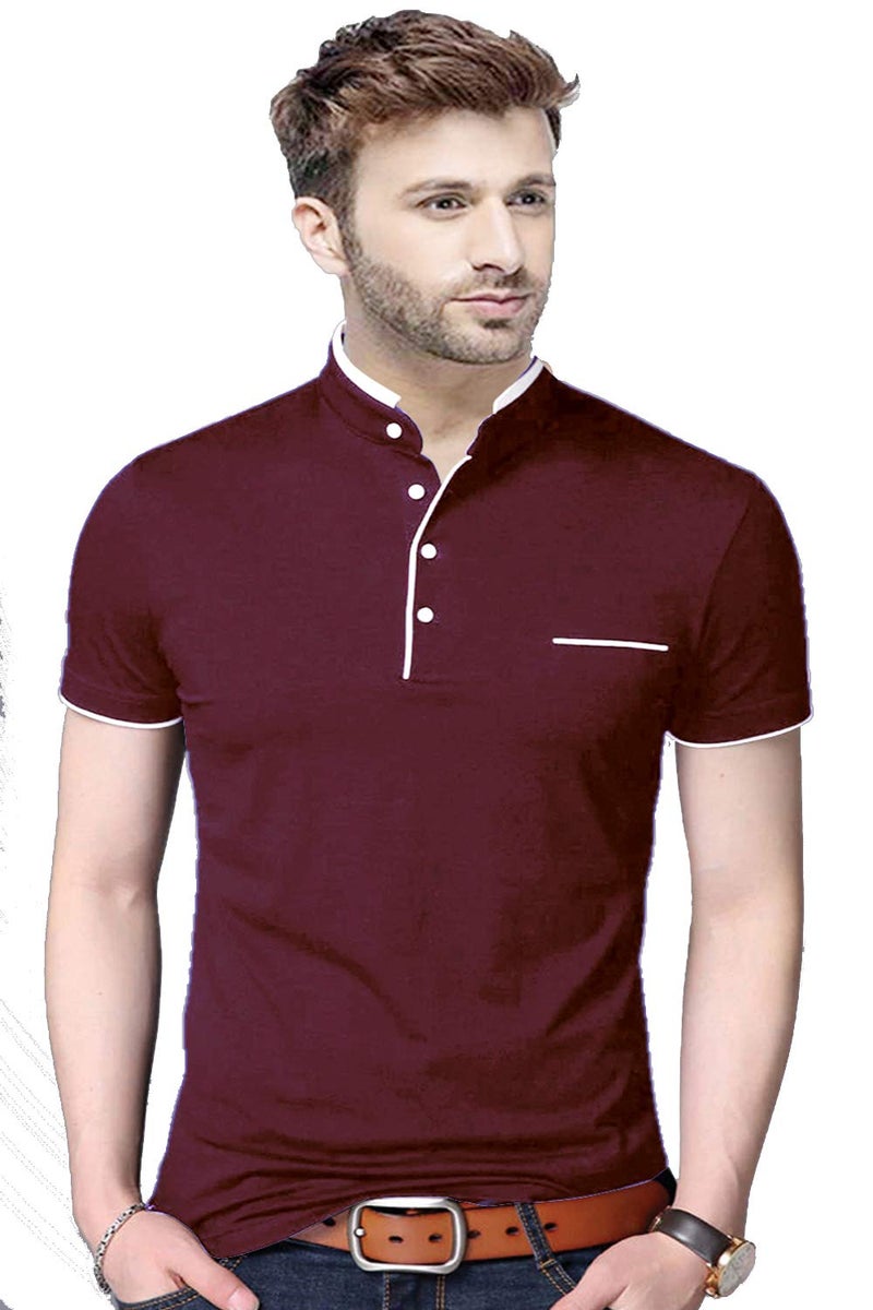 REYA Mens Cotton Half Sleeve Regular fit Mandarin Collar T-Shirt Maroon (XL Size) - Image 2