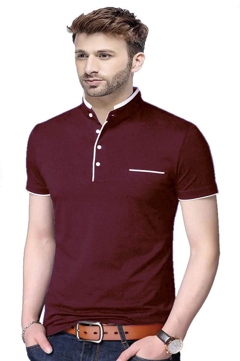REYA Mens Cotton Half Sleeve Regular fit Mandarin Collar T-Shirt Maroon (XL Size) - Image 1