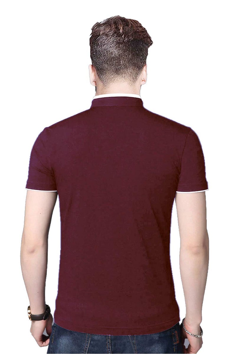 REYA Mens Cotton Half Sleeve Regular fit Mandarin Collar T-Shirt Maroon (XL Size) - Image 3
