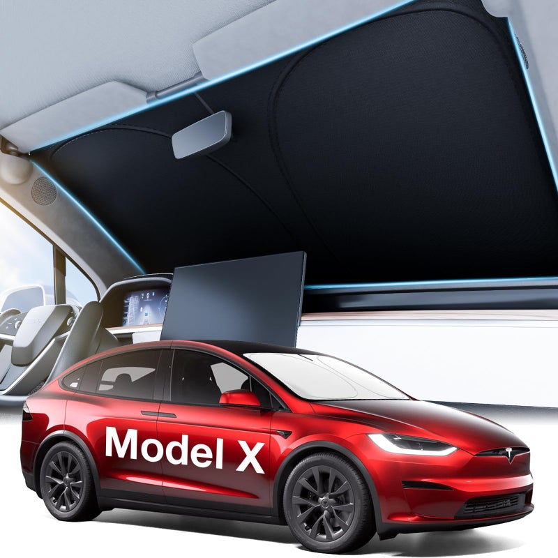 2025 Upgraded Accessories Tesla Model X Windshield Sunshade Ice Shield Tech Fabric 100 Sun Blockage Foldable Heat Insulation Sunshade with Storage Bag for Tesla Model X 20162024 Silver Coating