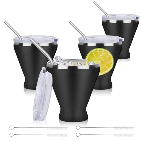 SuperCook Stainless Steel Wine Tumbler with Lid Double Wall Vacuum Martini Glass with Straw Insulated Stemless Cocktail Glasses Stay Icy Cold Set of 4 12 Oz Black - Image 1