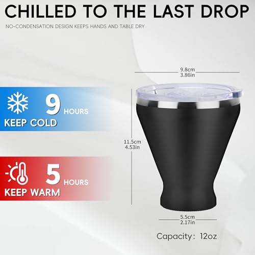 SuperCook Stainless Steel Wine Tumbler with Lid Double Wall Vacuum Martini Glass with Straw Insulated Stemless Cocktail Glasses Stay Icy Cold Set of 4 12 Oz Black - Image 3