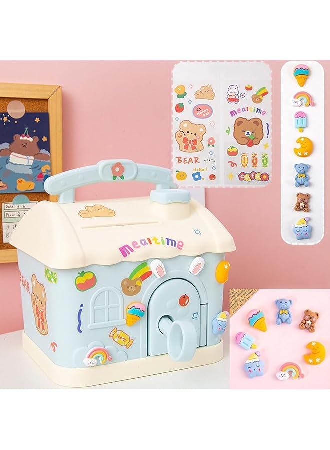 erorex Piggy Bank For Kids Cute Plastic Kids Money Bank House Shaped Cottage Piggy Bank With Diy Sticker And Key Lovely Piggy Bank For Kids To Save Money Children'S Birthday Gifts Blue - Image 1