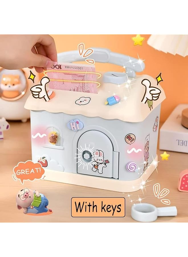 erorex Piggy Bank For Kids Cute Plastic Kids Money Bank House Shaped Cottage Piggy Bank With Diy Sticker And Key Lovely Piggy Bank For Kids To Save Money Children'S Birthday Gifts Blue - Image 2