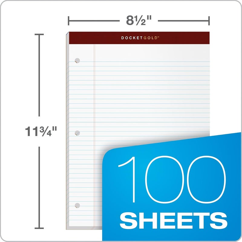 TOPS Docket Gold Writing Pads, 8-1/2" x 11-3/4", Narrow Rule, 3-Hole Punched, White Paper, 100 Sheets, 2 Pack (99706) - Image 3