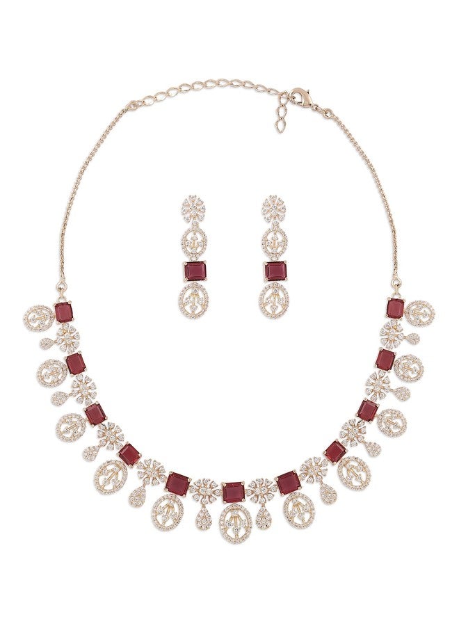 Zaveri Pearls طقم عقد وأقراط بتصميم عصري من النحاس الأصفر مرصع بالزركونيا المكعبة الوردية من زافيري بيرلز للنساء - ZPFK16515 - Image 1