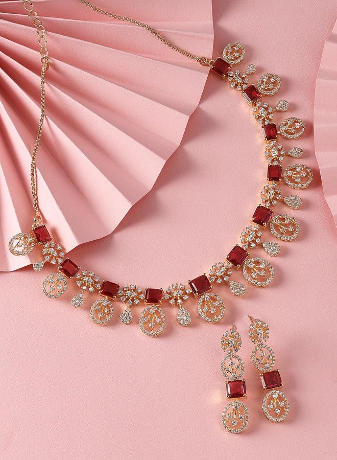 Zaveri Pearls طقم عقد وأقراط بتصميم عصري من النحاس الأصفر مرصع بالزركونيا المكعبة الوردية من زافيري بيرلز للنساء - ZPFK16515 - Image 3