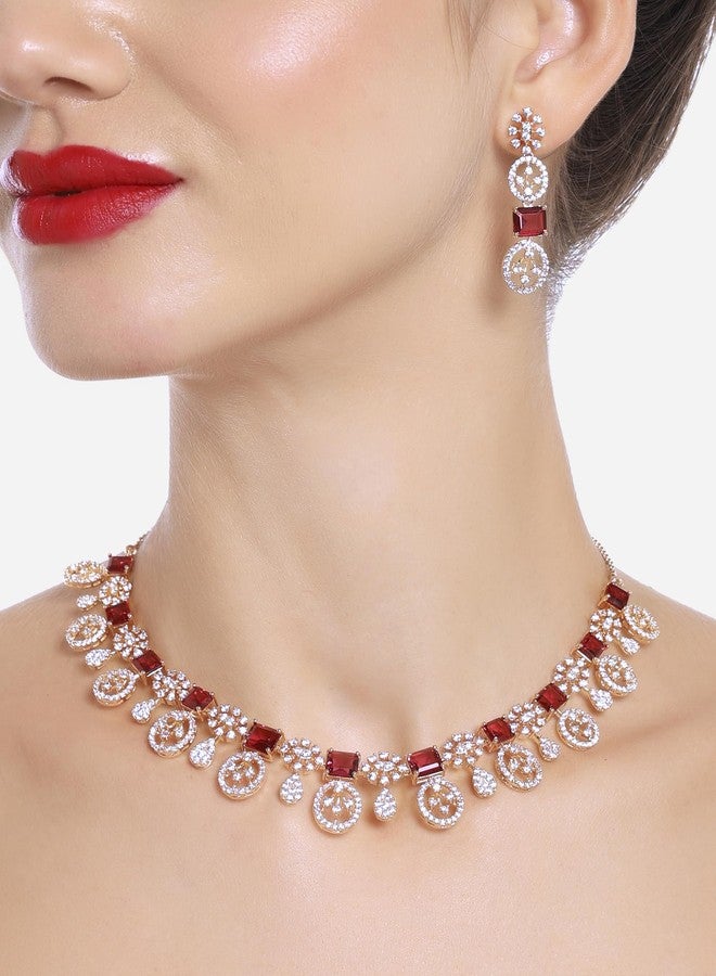 Zaveri Pearls طقم عقد وأقراط بتصميم عصري من النحاس الأصفر مرصع بالزركونيا المكعبة الوردية من زافيري بيرلز للنساء - ZPFK16515 - Image 2