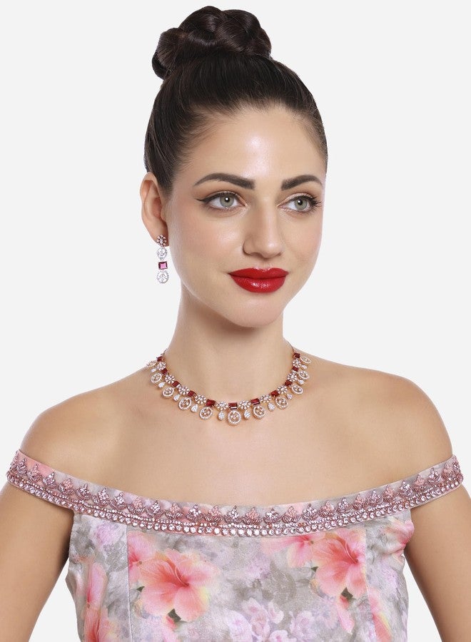 Zaveri Pearls طقم عقد وأقراط بتصميم عصري من النحاس الأصفر مرصع بالزركونيا المكعبة الوردية من زافيري بيرلز للنساء - ZPFK16515 - Image 5