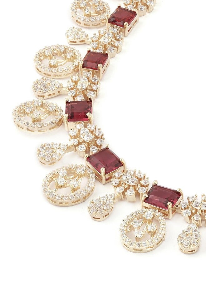 Zaveri Pearls طقم عقد وأقراط بتصميم عصري من النحاس الأصفر مرصع بالزركونيا المكعبة الوردية من زافيري بيرلز للنساء - ZPFK16515 - Image 4