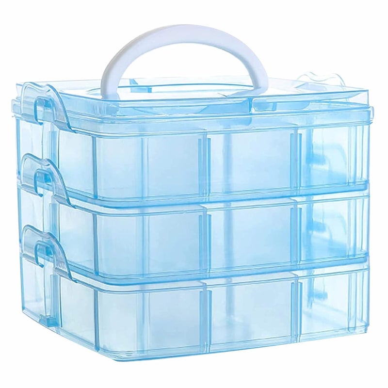 RECLUSE Blue 3Layer Stackable Plastic Crafts Storage Box with 18 Adjustable Compartments for Organizing Tape Embroidery Accessories Threads Bobbins Kids Toy Beauty Supplies Nail Polish Jewelry - Image 1