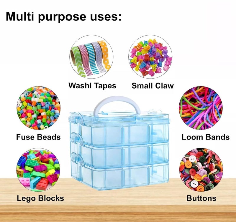 RECLUSE Blue 3Layer Stackable Plastic Crafts Storage Box with 18 Adjustable Compartments for Organizing Tape Embroidery Accessories Threads Bobbins Kids Toy Beauty Supplies Nail Polish Jewelry - Image 4