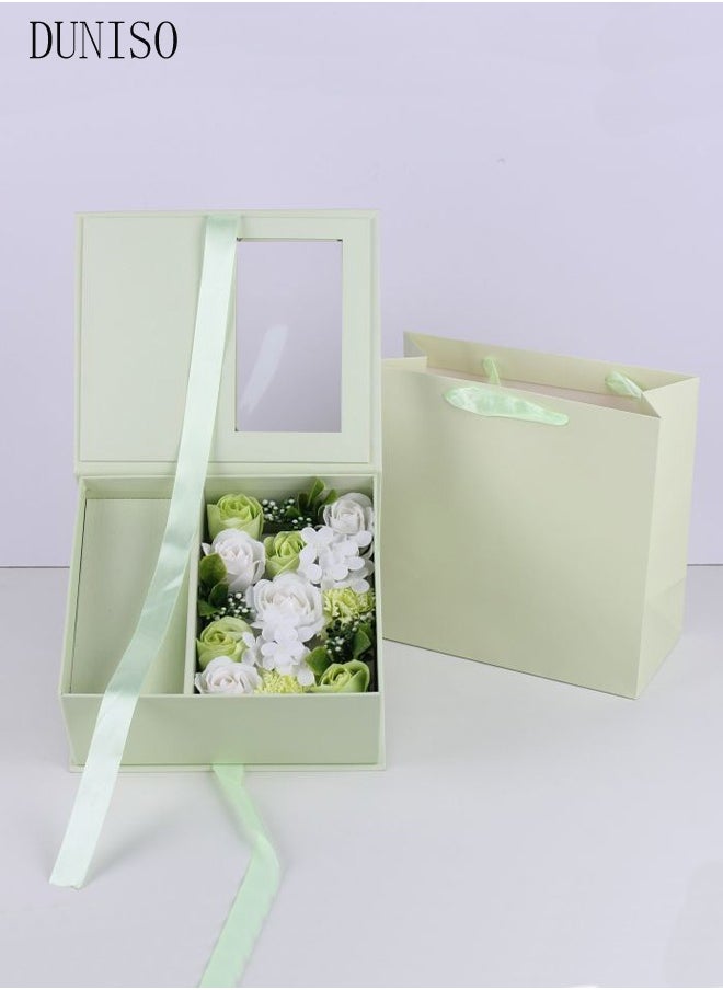 DUNISO Artificial Rose Flower Gift Box ,Eternal Flower Box, Beautiful Korean Floral Art Gift Box ,With Windows For Valentine's Day,Birthday,or Wedding,Green  - Image 1