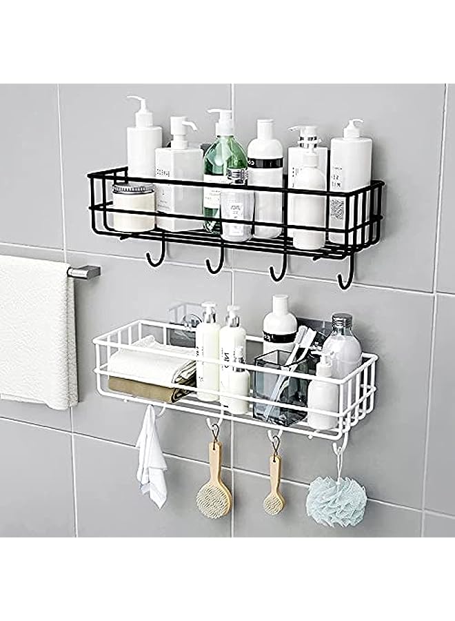 راكسوم رف حمام بدون حفر من HOOME، رف تخزين للحمام والمطبخ مع خطافات تعليق للحمام وغرفة النوم وغرفة المعيشة والمطبخ، مجموعة من 2 باللون الأسود - Image 1