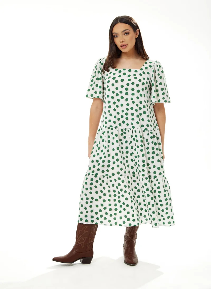 Liquorish A Line Midi Dress in Green Polka Dot
