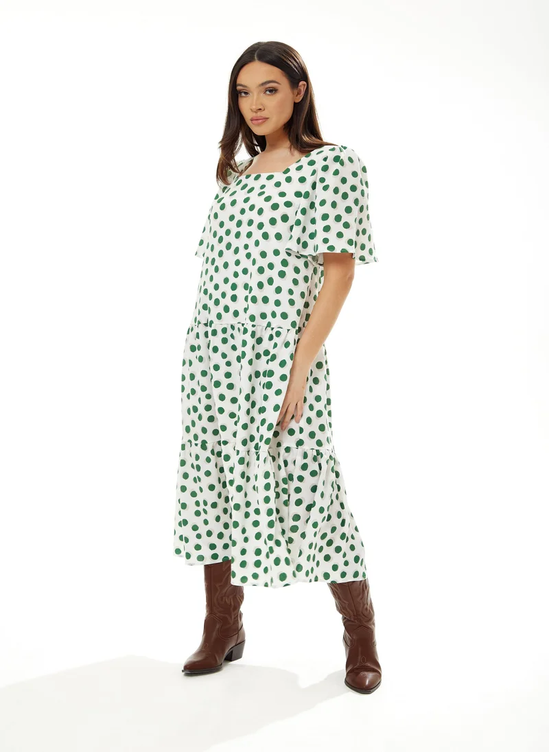 Liquorish A Line Midi Dress in Green Polka Dot