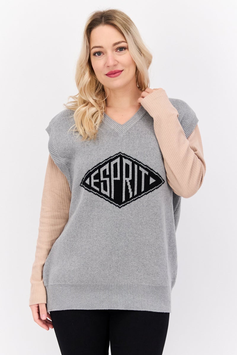 ESPRIT Women V-Neck Knitted Sweater Vest, Grey - Image 1