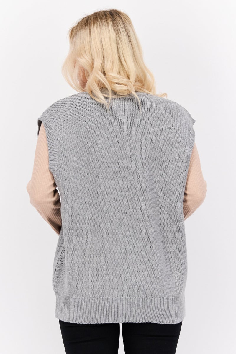 ESPRIT Women V-Neck Knitted Sweater Vest, Grey - Image 3