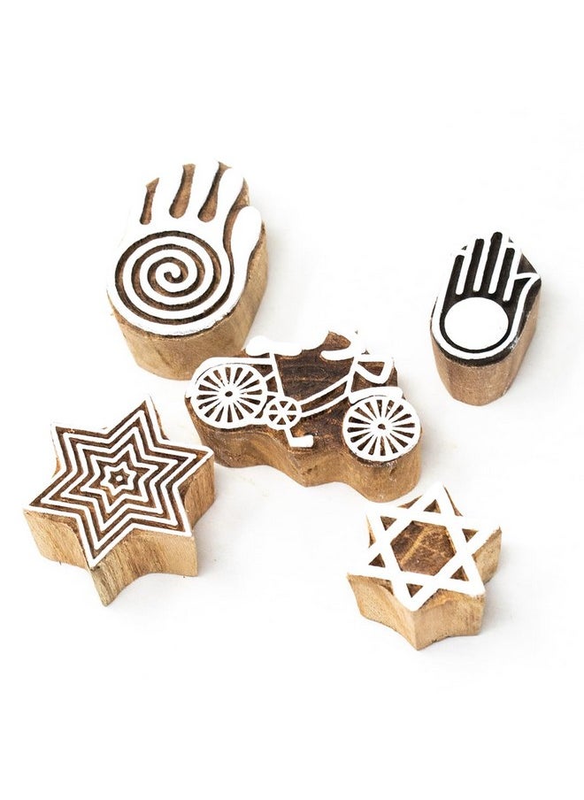 Hashcart Wooden Indian Traditional Design Printing Stamps / Blocks For Printing Saree Border | Set Of 5 | Dresses / Craft Card Making / Scrapbook / Clay Pottery  - Image 1