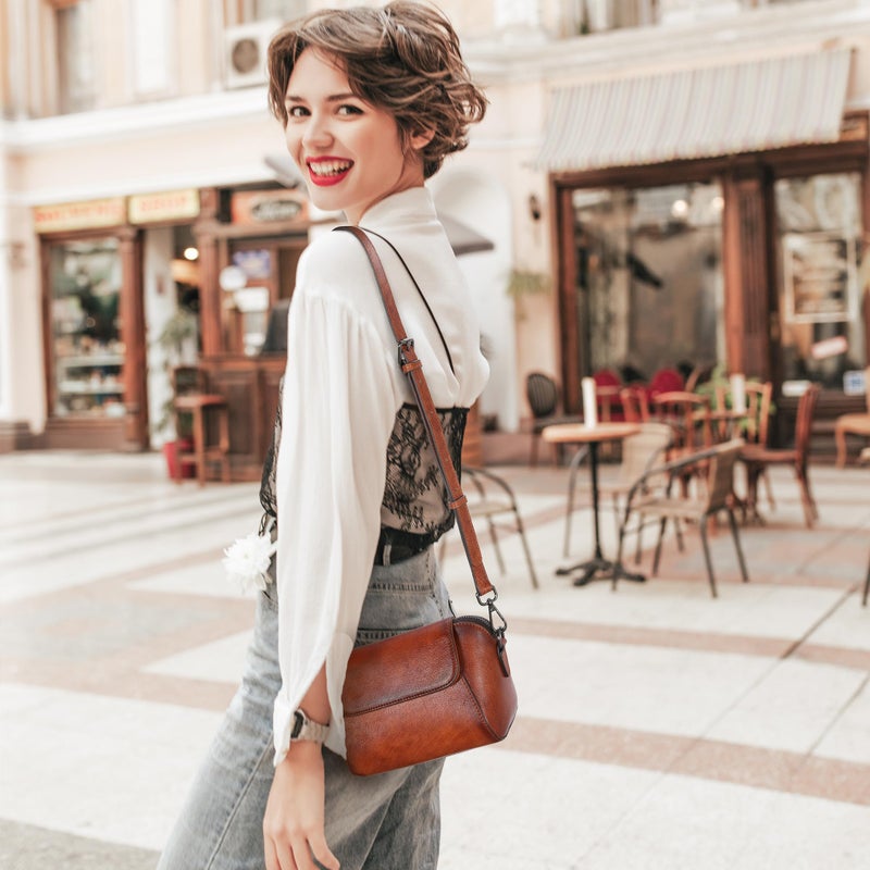 HESHE Crossbody Bags for Women Genuine Leather Purse Small Shoulder Bag Vintage Satchel Handbags Travel Hobo Bags(Coffee) - Image 3