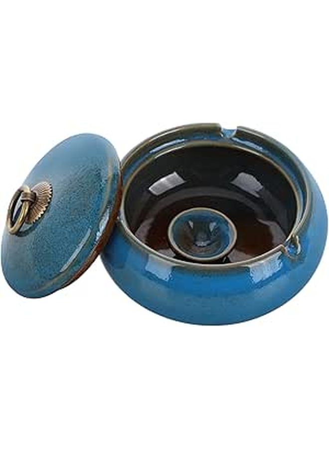 Large Blue Ceramic Ashtray with Windproof Lid for Home Office Patio Smoking Table Decor - Image 1