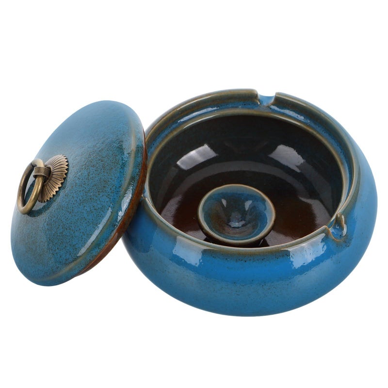 Large Blue Ceramic Ashtray with Windproof Lid for Home Office Patio Smoking Table Decor - Image 2