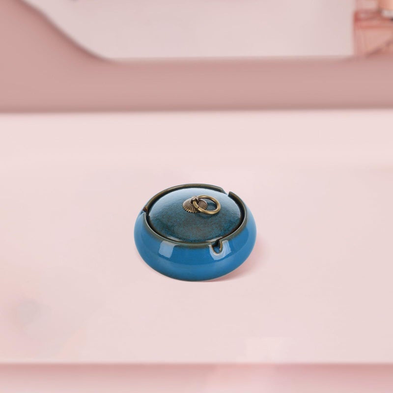 Large Blue Ceramic Ashtray with Windproof Lid for Home Office Patio Smoking Table Decor - Image 5