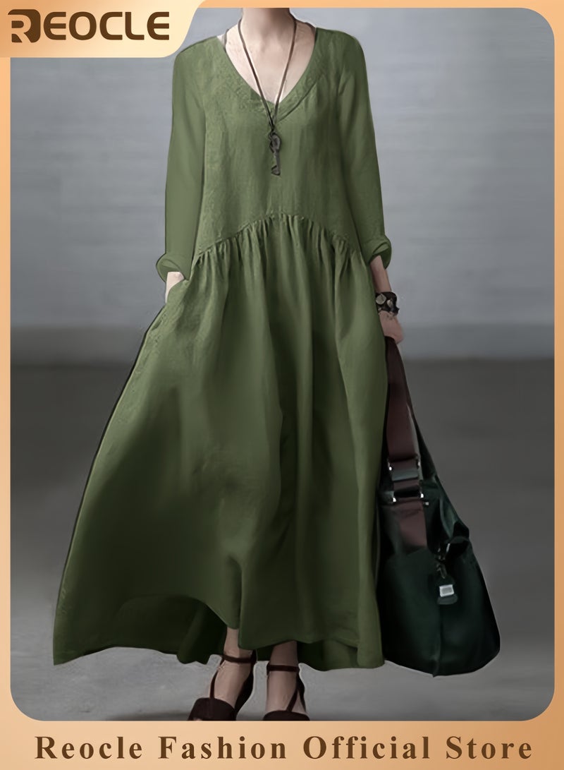 REOCLE Women's Spring and Autumn Fashionable Long Sleeve Elegant Tank Top Women's Casual Solid Color Loose Long Dress Women's Long Kaftan Bohemian Dress Plus Size Robe  - Image 1
